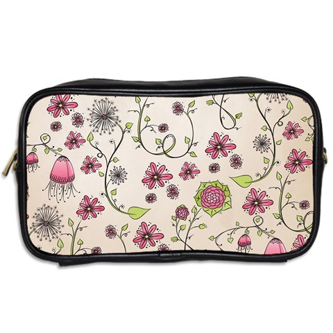 Pink Whimsical flowers on beige Travel Toiletry Bag (Two Sides) from ArtsNow.com Back