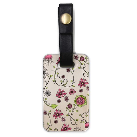 Pink Whimsical flowers on beige Luggage Tag (One Side) from ArtsNow.com Front