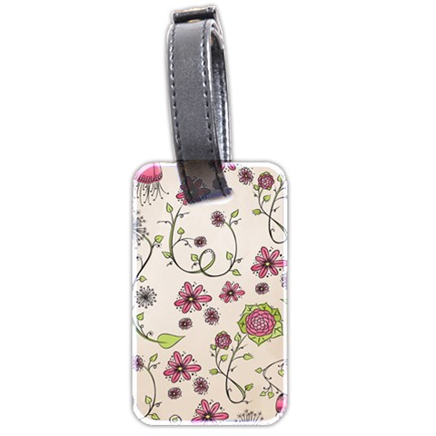 Pink Whimsical flowers on beige Luggage Tag (Two Sides) from ArtsNow.com Front