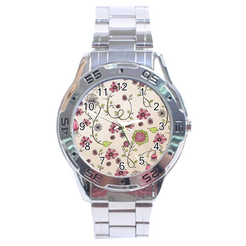 Pink Whimsical flowers on beige Stainless Steel Watch from ArtsNow.com Front