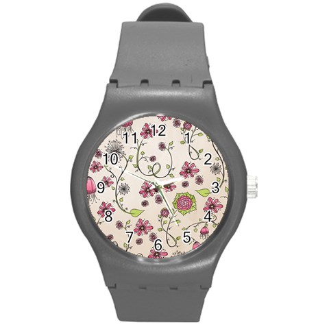 Pink Whimsical flowers on beige Plastic Sport Watch (Medium) from ArtsNow.com Front