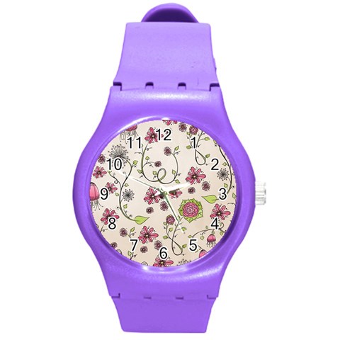 Pink Whimsical flowers on beige Plastic Sport Watch (Medium) from ArtsNow.com Front