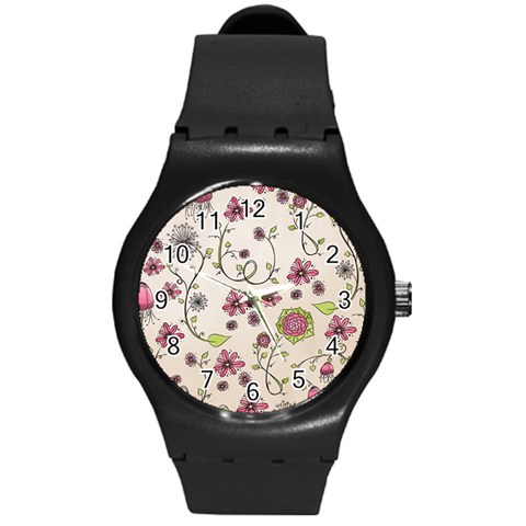 Pink Whimsical flowers on beige Plastic Sport Watch (Medium) from ArtsNow.com Front