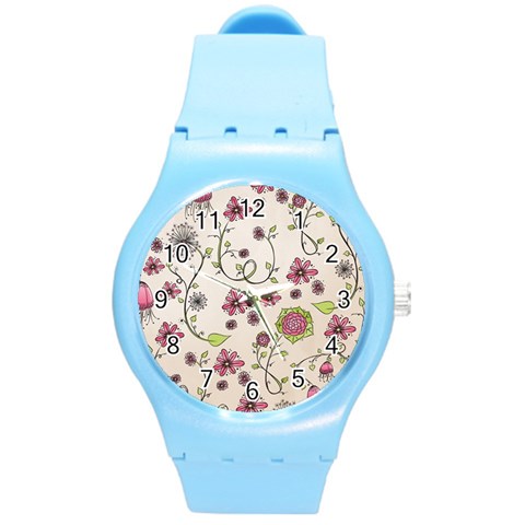 Pink Whimsical flowers on beige Plastic Sport Watch (Medium) from ArtsNow.com Front