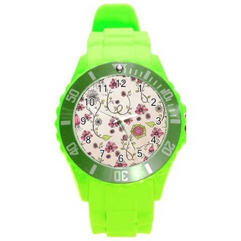 Pink Whimsical flowers on beige Plastic Sport Watch (Large) from ArtsNow.com Front