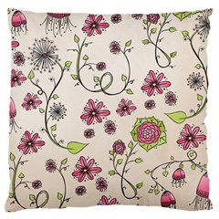 Pink Whimsical flowers on beige Large Cushion Case (Two Sided)  from ArtsNow.com Front