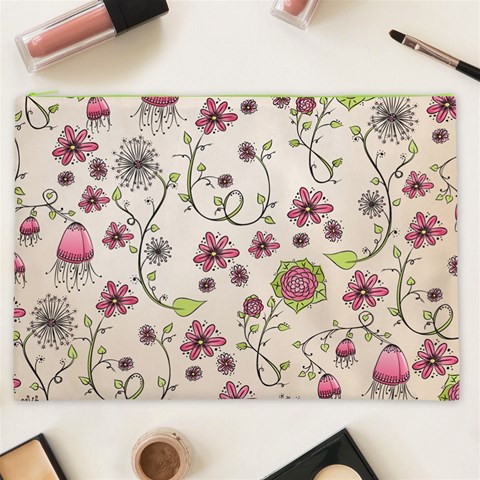 Pink Whimsical flowers on beige Cosmetic Bag (XXL) from ArtsNow.com Front