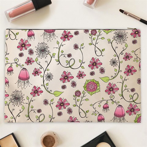 Pink Whimsical flowers on beige Cosmetic Bag (XXL) from ArtsNow.com Back