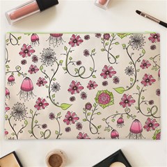 Pink Whimsical flowers on beige Cosmetic Bag (XXL) from ArtsNow.com Back