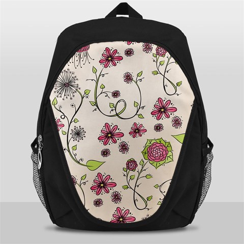 Pink Whimsical flowers on beige Backpack Bag from ArtsNow.com Front