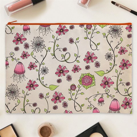 Pink Whimsical flowers on beige Cosmetic Bag (XXXL) from ArtsNow.com Front