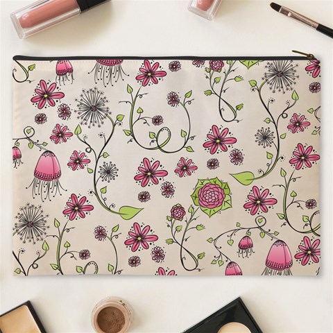 Pink Whimsical flowers on beige Cosmetic Bag (XXXL) from ArtsNow.com Back