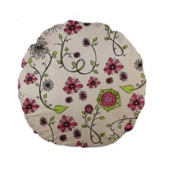 Pink Whimsical flowers on beige 15  Premium Round Cushion  from ArtsNow.com Front