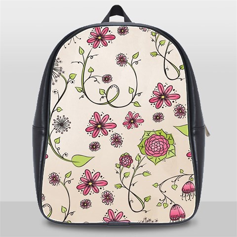 Pink Whimsical flowers on beige School Bag (XL) from ArtsNow.com Front