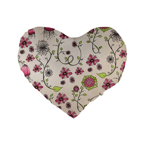 Pink Whimsical flowers on beige 16  Premium Heart Shape Cushion  from ArtsNow.com Front