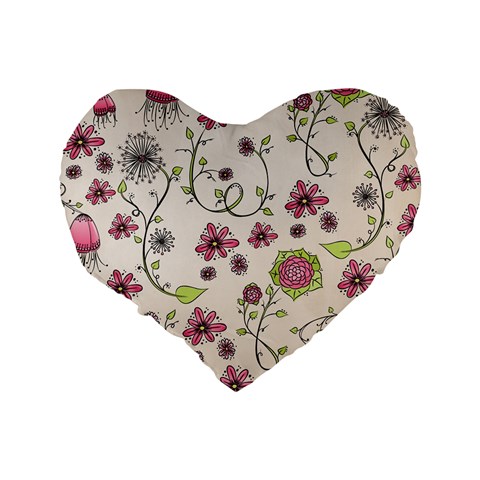 Pink Whimsical flowers on beige 16  Premium Heart Shape Cushion  from ArtsNow.com Back