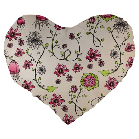 Pink Whimsical flowers on beige 19  Premium Heart Shape Cushion from ArtsNow.com Back