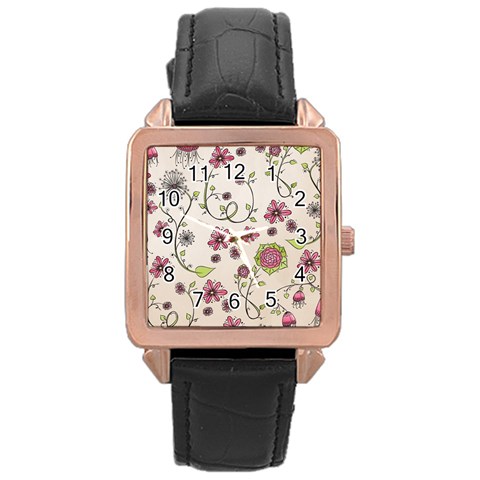 Pink Whimsical flowers on beige Rose Gold Leather Watch  from ArtsNow.com Front