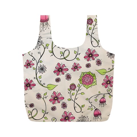 Pink Whimsical flowers on beige Reusable Bag (M) from ArtsNow.com Front