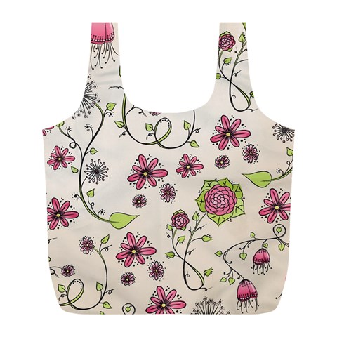 Pink Whimsical flowers on beige Reusable Bag (L) from ArtsNow.com Front