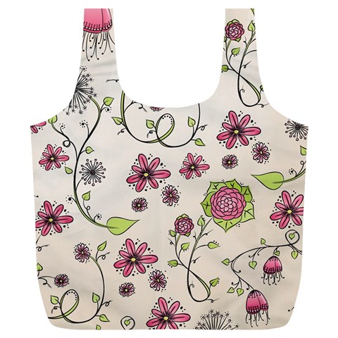 Pink Whimsical flowers on beige Reusable Bag (XL) from ArtsNow.com Front