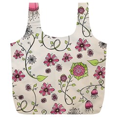 Pink Whimsical flowers on beige Reusable Bag (XL) from ArtsNow.com Front