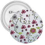 Pink whimsical flowers on blue 3  Button