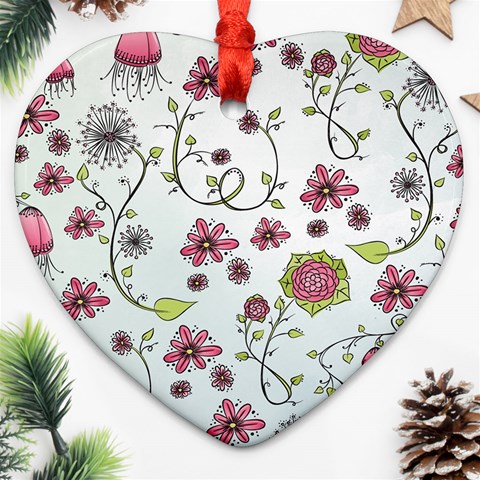 Pink whimsical flowers on blue Heart Ornament from ArtsNow.com Front