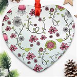 Pink whimsical flowers on blue Heart Ornament