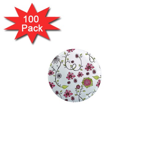 Pink whimsical flowers on blue 1  Mini Button Magnet (100 pack) from ArtsNow.com Front