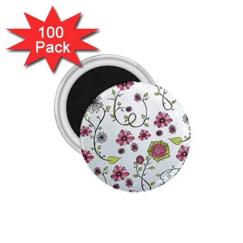 Pink whimsical flowers on blue 1.75  Button Magnet (100 pack) from ArtsNow.com Front