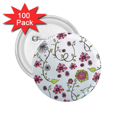 Pink whimsical flowers on blue 2.25  Button (100 pack) from ArtsNow.com Front