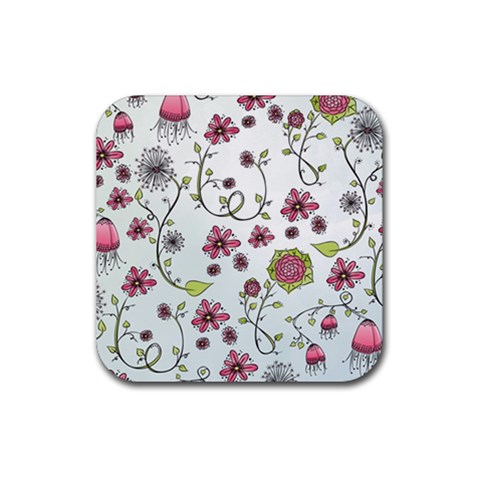 Pink whimsical flowers on blue Drink Coaster (Square) from ArtsNow.com Front