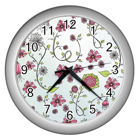 Pink whimsical flowers on blue Wall Clock (Silver) from ArtsNow.com Front