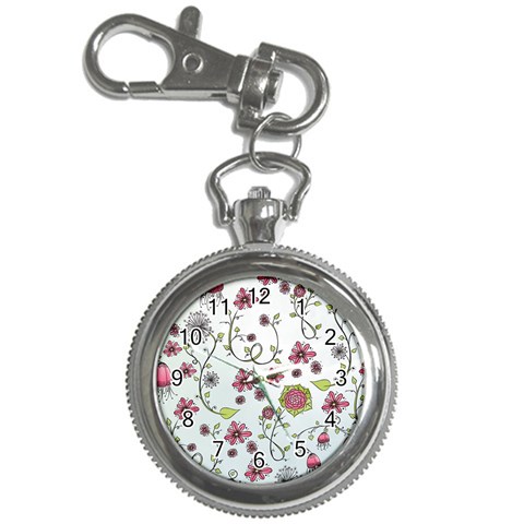 Pink whimsical flowers on blue Key Chain Watch from ArtsNow.com Front