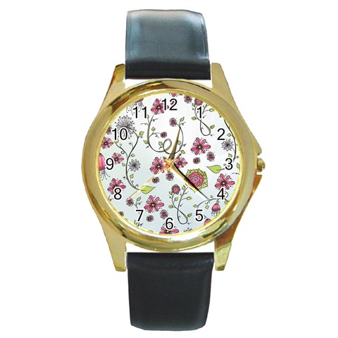 Pink whimsical flowers on blue Round Leather Watch (Gold Rim)  from ArtsNow.com Front