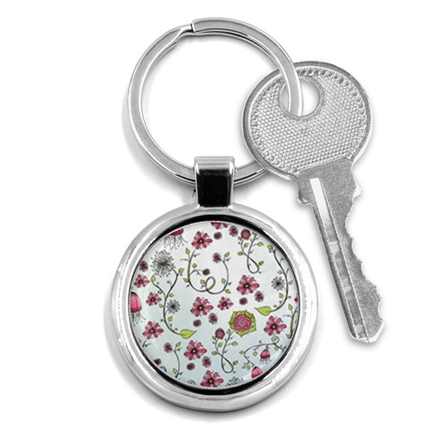 Pink whimsical flowers on blue Key Chain (Round) from ArtsNow.com Front