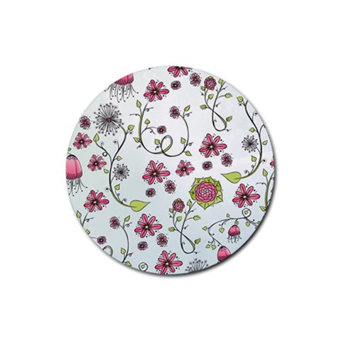 Pink whimsical flowers on blue Drink Coaster (Round) from ArtsNow.com Front