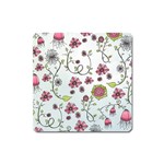 Pink whimsical flowers on blue Magnet (Square)