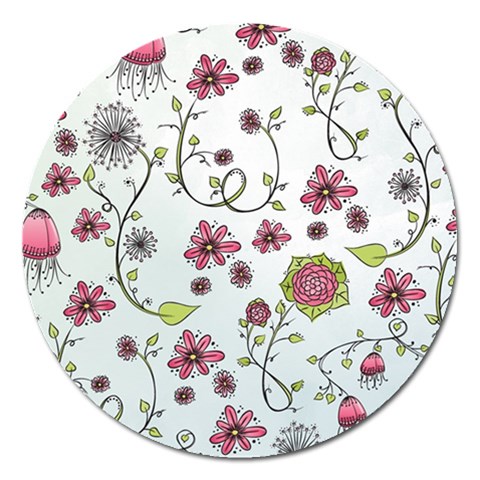 Pink whimsical flowers on blue Magnet 5  (Round) from ArtsNow.com Front