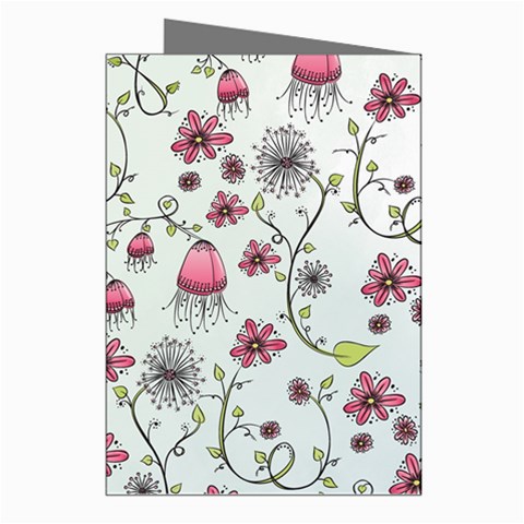 Pink whimsical flowers on blue Greeting Card (8 Pack) from ArtsNow.com Right