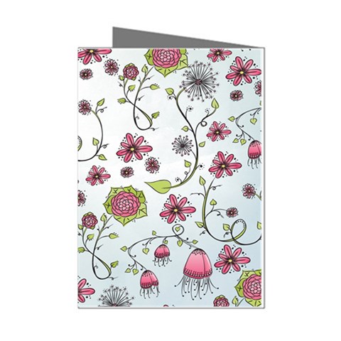 Pink whimsical flowers on blue Mini Greeting Card (8 Pack) from ArtsNow.com Left