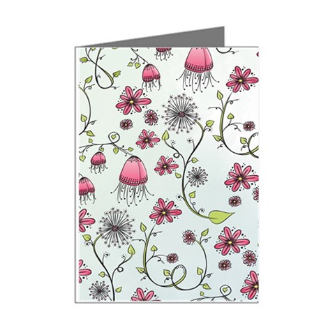 Pink whimsical flowers on blue Mini Greeting Card (8 Pack) from ArtsNow.com Right