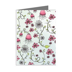 Pink whimsical flowers on blue Mini Greeting Card (8 Pack) from ArtsNow.com Right