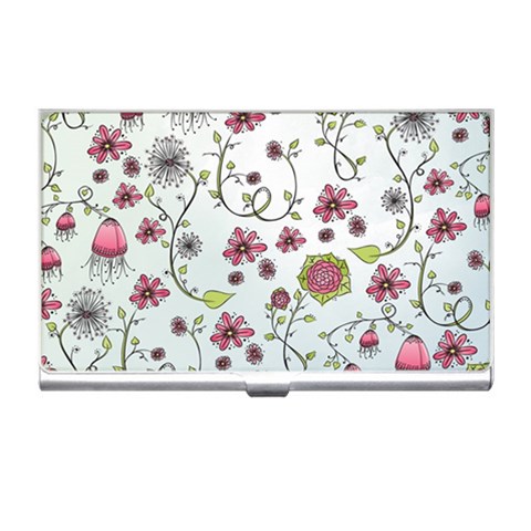 Pink whimsical flowers on blue Business Card Holder from ArtsNow.com Front