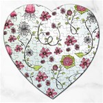 Pink whimsical flowers on blue Jigsaw Puzzle (Heart)