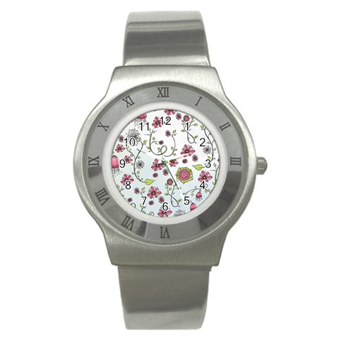 Pink whimsical flowers on blue Stainless Steel Watch (Slim) from ArtsNow.com Front