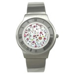 Pink whimsical flowers on blue Stainless Steel Watch (Slim)