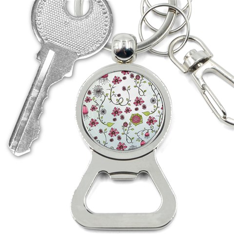 Pink whimsical flowers on blue Bottle Opener Key Chain from ArtsNow.com Front