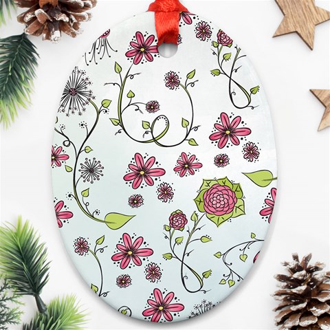 Pink whimsical flowers on blue Oval Ornament (Two Sides) from ArtsNow.com Back